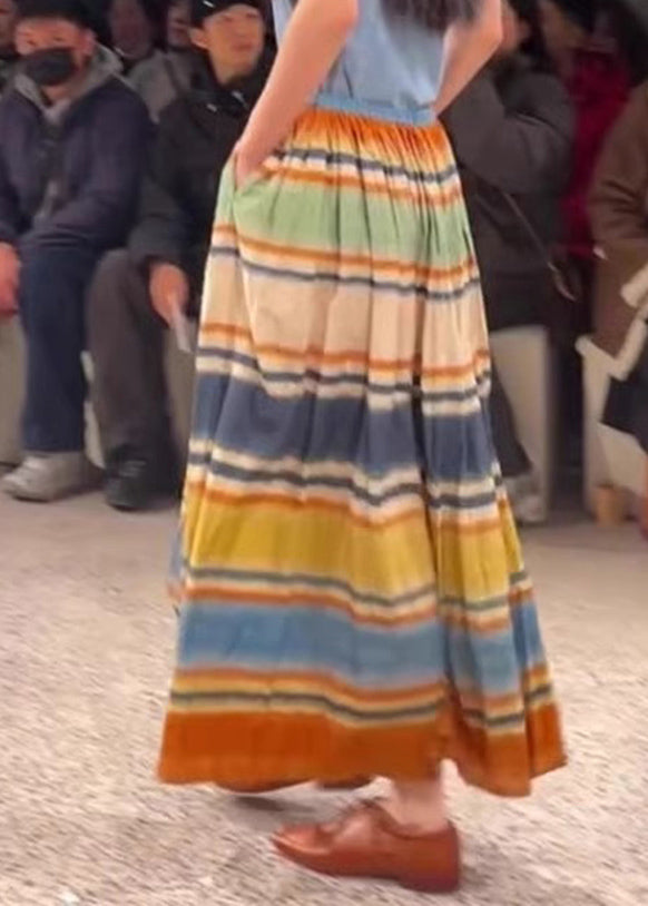 Stylish Rainbow Striped Pockets Elastic a Line Waist Skirts