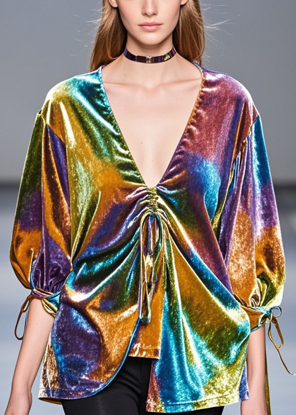 Multicolour Asymmetrical Drawstring Silk Velour Shirt Top Fall