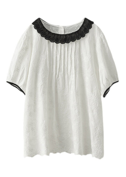 Modern White O-neck Embroidered Patchwork Wrinkled Cotton Top Short Sleeve