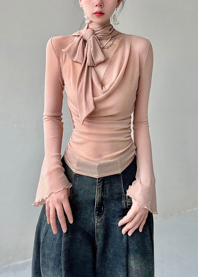 Pink V Neck Tulle T Shirts Fall