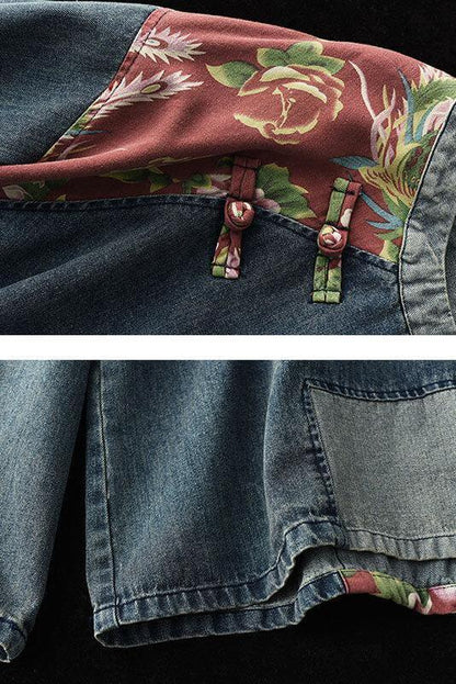 Retro Stitching Patchwork Print Denim Sweatshirt