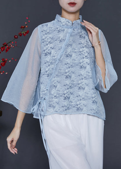 Sky Blue Mandarin Collar Print Chiffon Shirt Top Spring