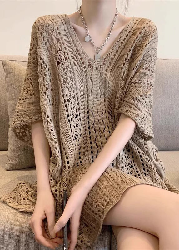 Khaki V Neck Hollow Out Knit Tops Half Sleeve
