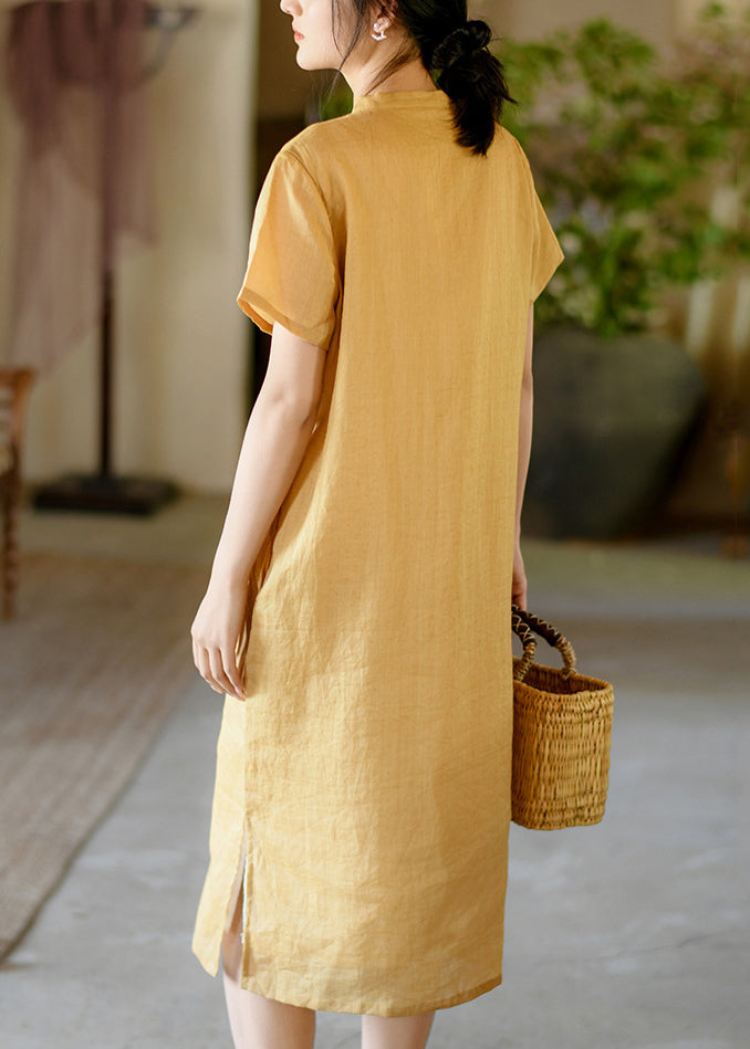 Yellow Oriental Button Linen Dresses Summer