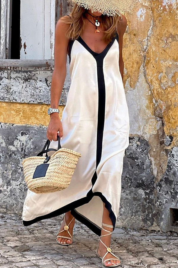 Traveling the Horizon Satin Colorblock Strap Loose Maxi Dress