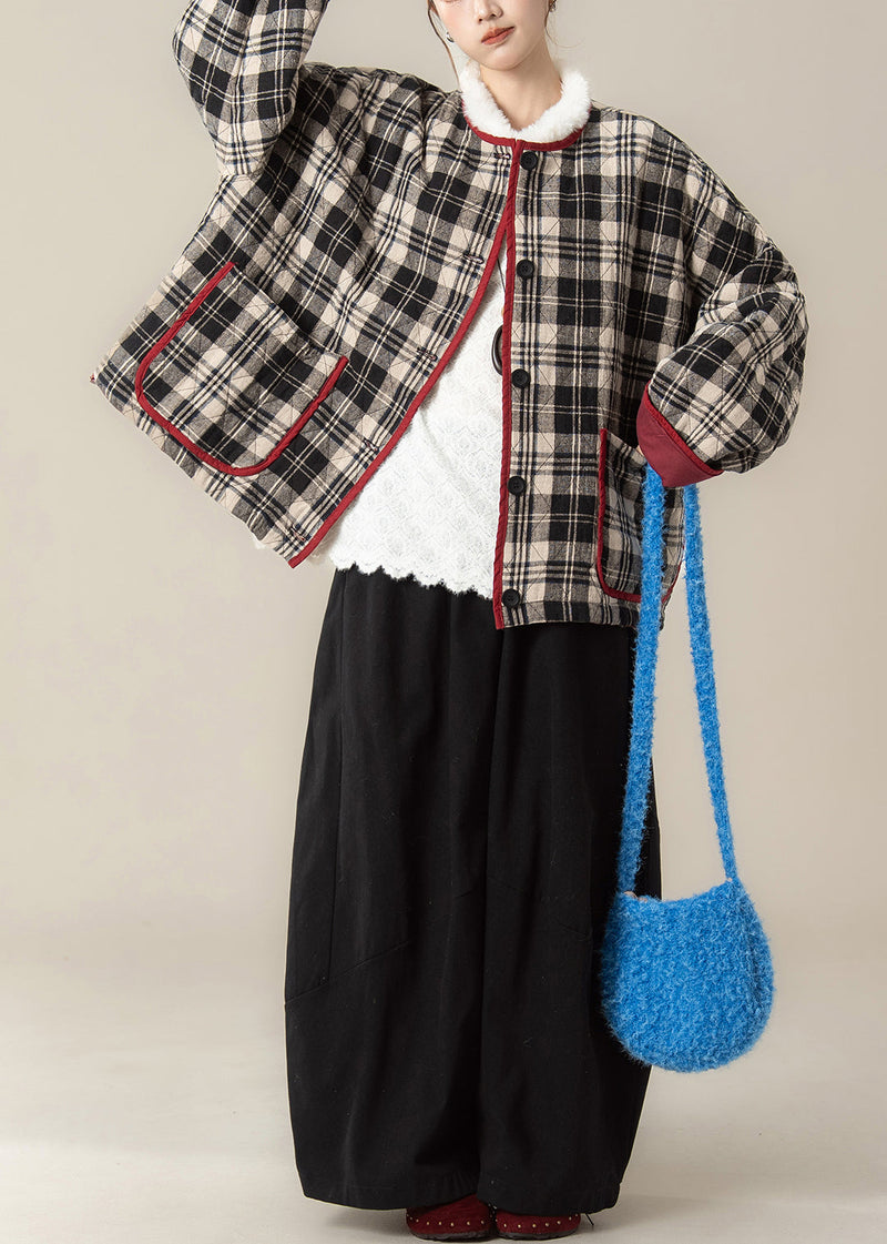 Plaid Black O Neck Pockets Coat and Pants Cotton Filled Two Pieces Set Winter