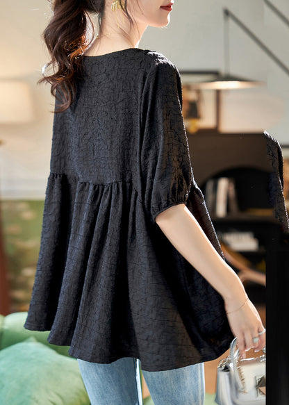 Simple Black O-neck Patchwork Chiffon T Shirts Summer