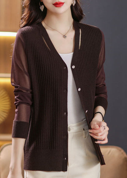 Coffee V Neck Patchwork Ice Size Knit Cardigan Fall
