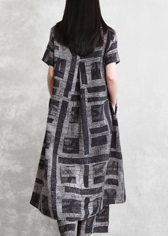 Loose Black O-neck Print Linen Top and Wide Leg Pants Two Piece Set Summer