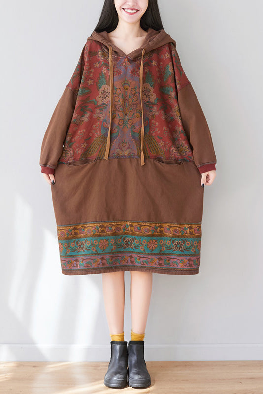 - Printed Hooded Sweater Knitted Denim Dress