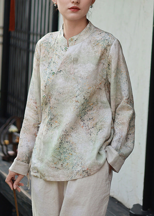 New Chinese Style Printed Linen Top Lace Up Spring