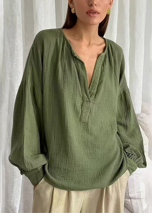 Green Oversized Cotton Fall Shirt V Neck