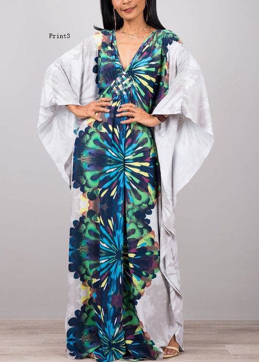 V Neck Print Cotton Long Robe Dress Summer