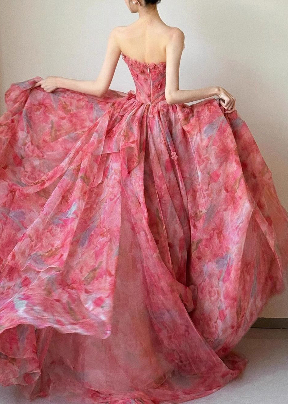 Strapless Print High Waist Chiffon Exra Large Hem Dresses Sleeveless