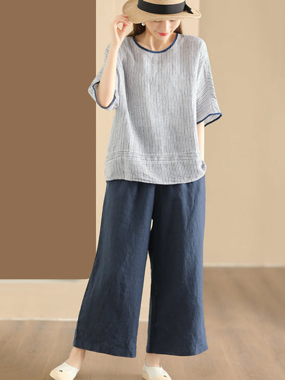 Summer Stripe Spliced Linen Shirt