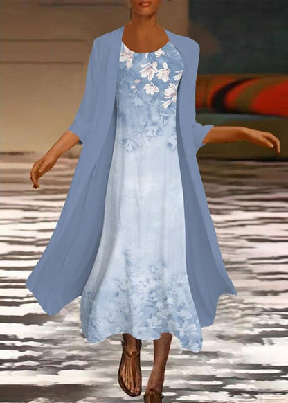 New White Print Chiffon Cardigans Dresses Two Pieces Set Summer