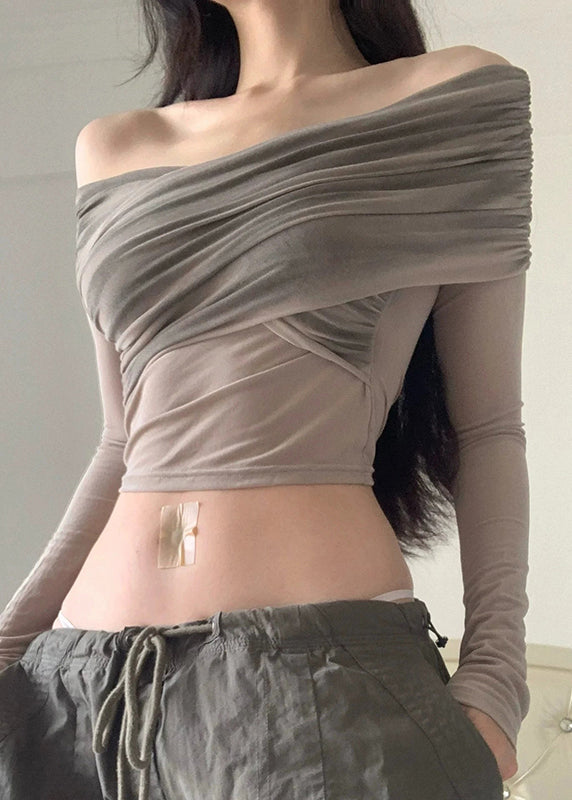 Style Grey Slash Shoulder Asymmetrical Tulle Tops Fall