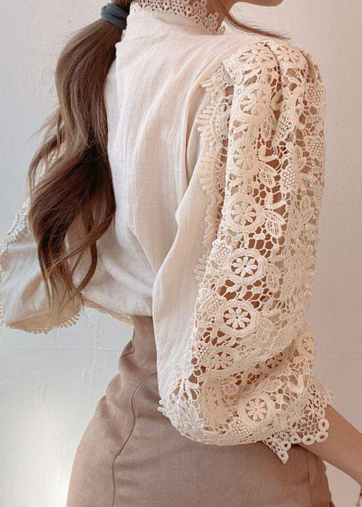 French Apricot Hollow Out Patchwork Lace Tops Spring