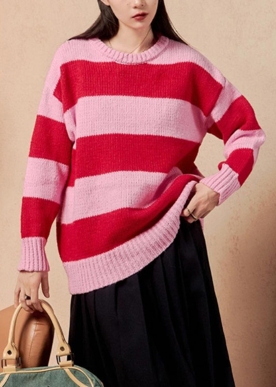 Striped O Neck Cozy Patchwork Knit Sweater Winter