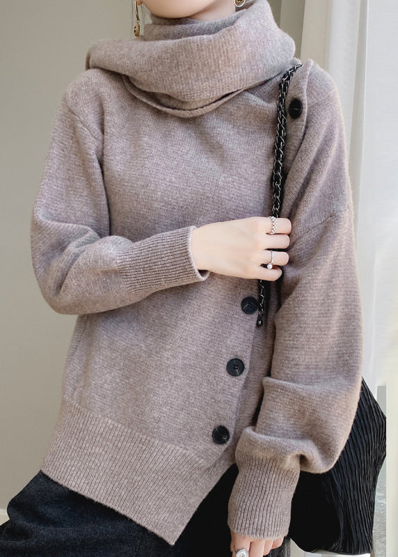 Coffee Scarf Collar Button Patchwork Wool Sweaters Spring
