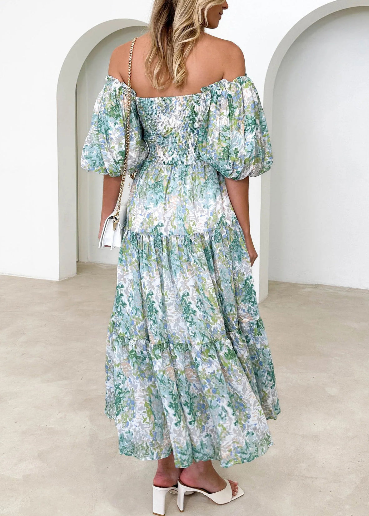 Holiday Style Green Puff Sleeve Print Wrinkled Cotton Maxi Dress