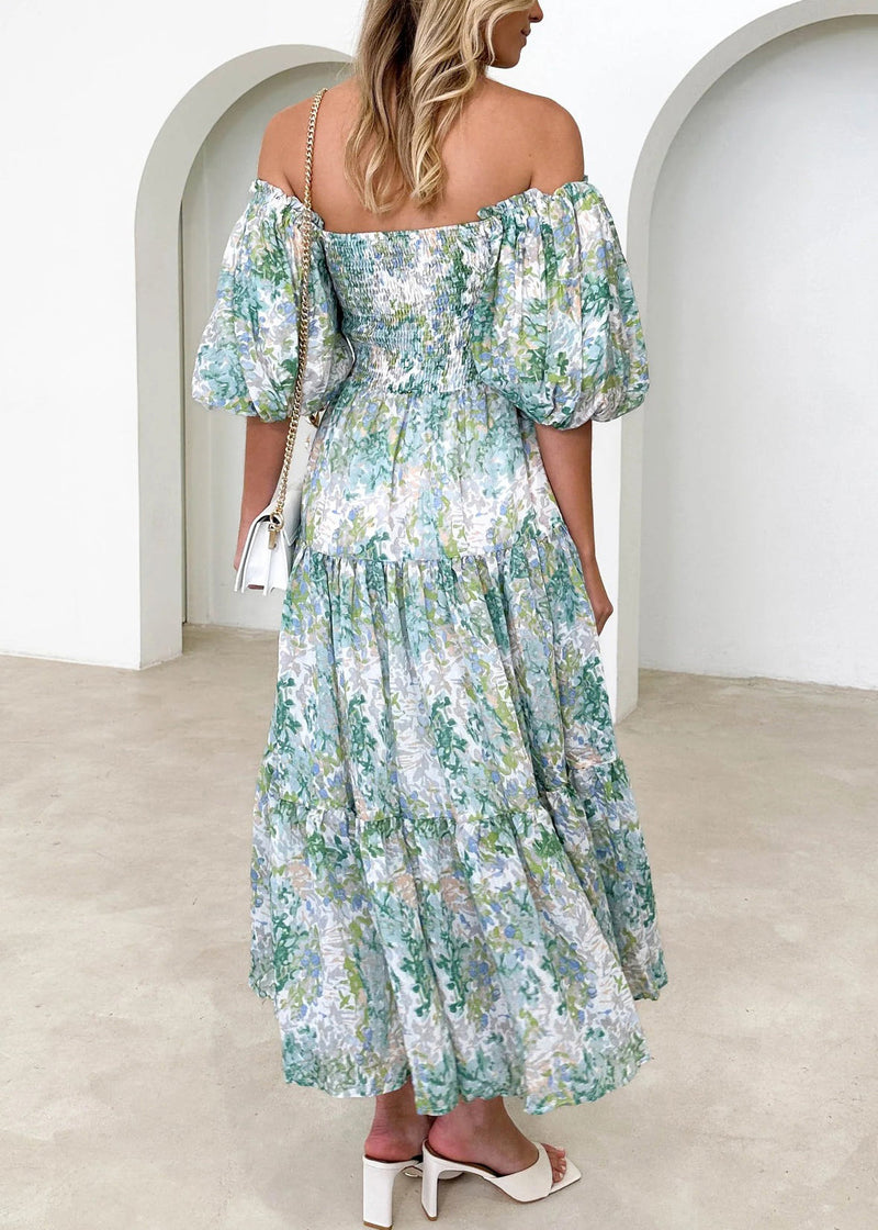 Holiday Style Green Puff Sleeve Print Wrinkled Cotton Maxi Dress