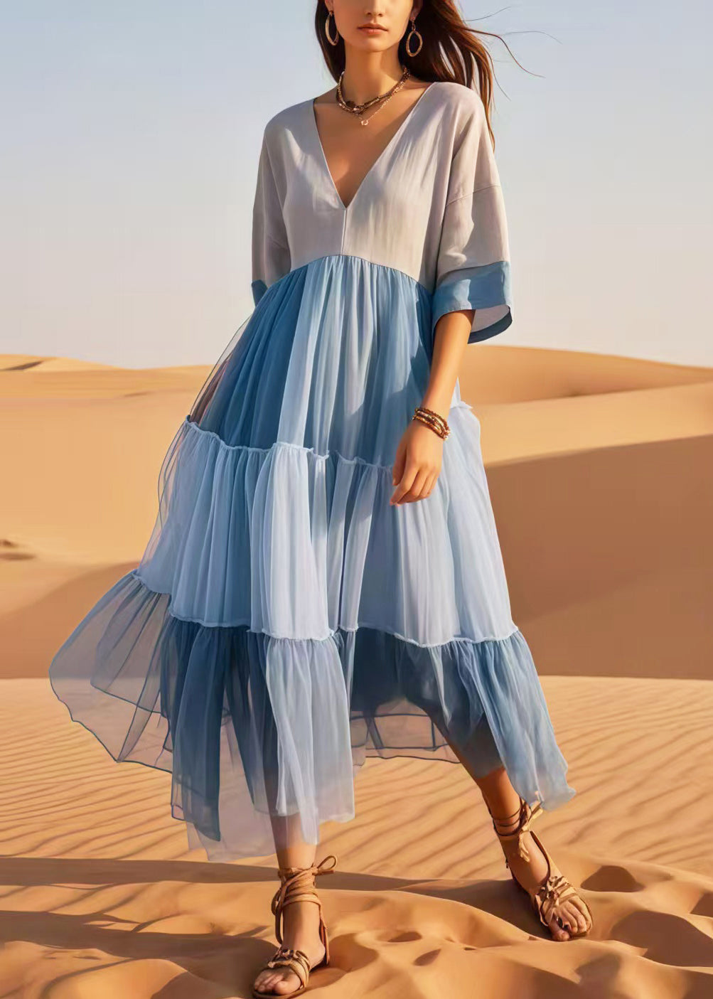 Colorblock V Neck Patchwork Cotton Dresses Summer