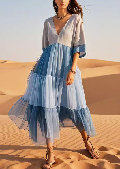 Colorblock V Neck Patchwork Cotton Dresses Summer