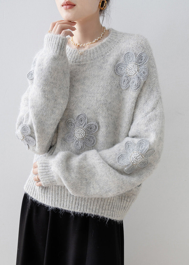 Boutique Grey O Neck Nail Bead Knit Sweater Tops Spring