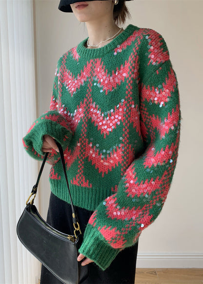 Green O Neck Sequins Patchwork Knit Sweaters Winter
