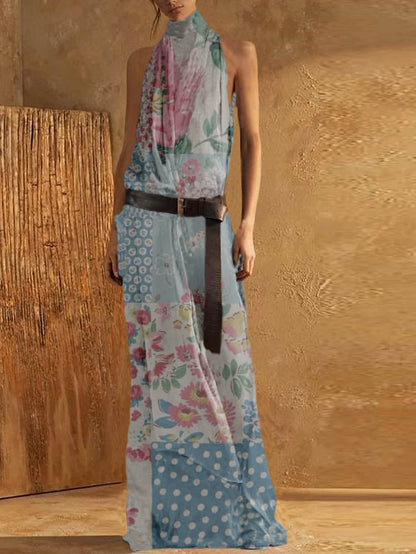 Blue Plain High Neck Sleeveless Loose Maxi Tank Dress
