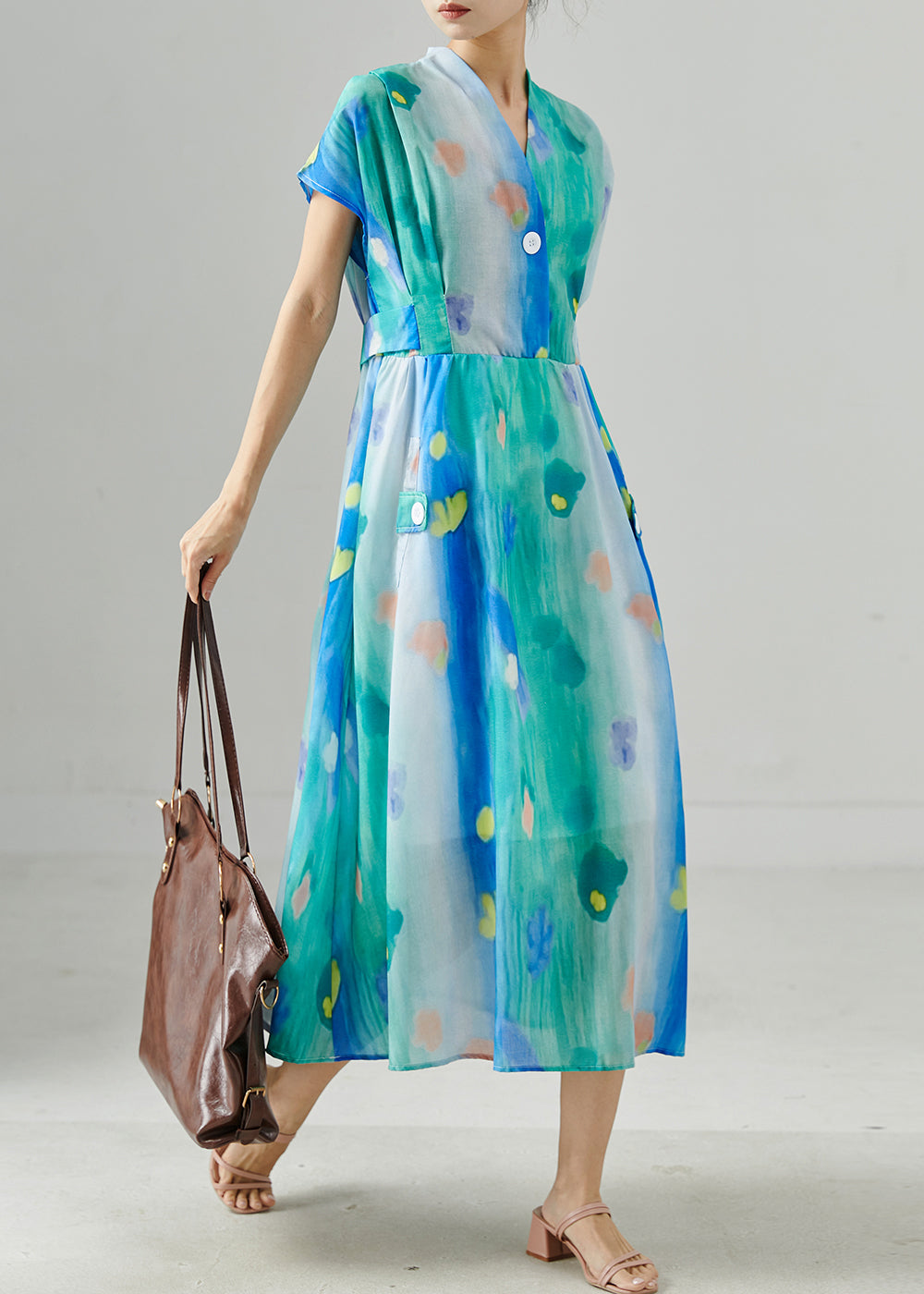 Blue Cinched Tie Dye Chiffon Dress Summer