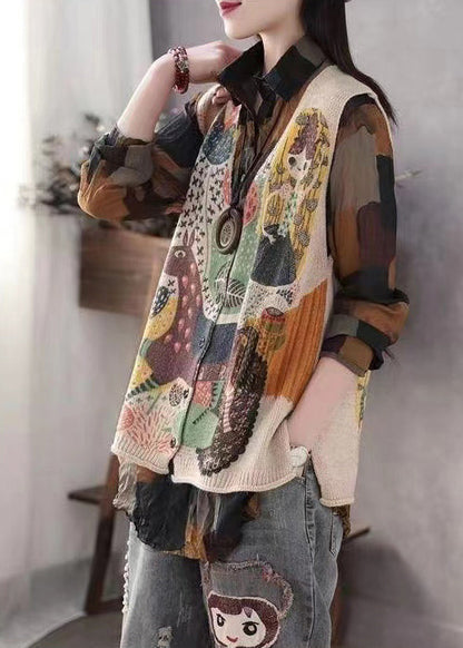 Beige Print Knit Vests Spring