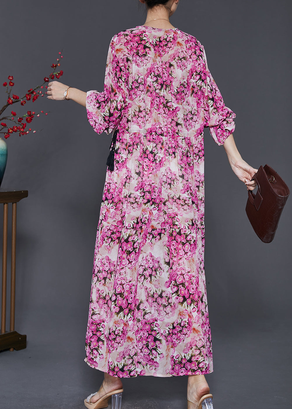 Pink Cinched Print Chiffon Robe Dresses Spring