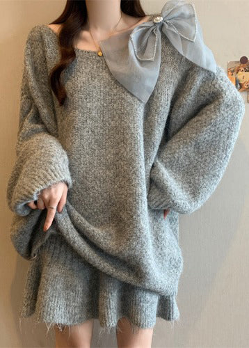 Grey O-neck Cotton Knit Sweaters and Skirts Two Piece Set Winter