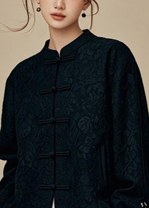 Jacquard Black Stand Collar Cotton Coats Fall