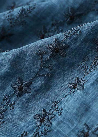 Blue O-neck Embroidered Cotton Dress Short Sleeve