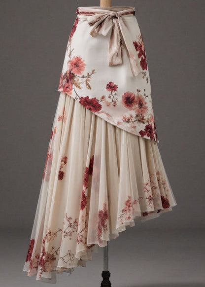 Apricot Patchwork Tie Waist a Line Skirts Summer