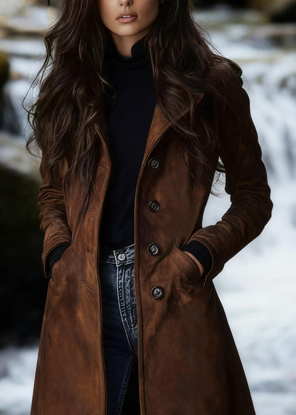 Dark Brown Peter Pan Collar Pockets Faux Suede Coat Spring