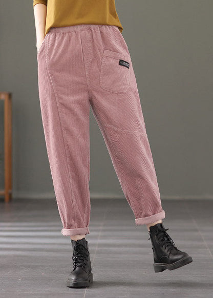 Pink Elastic Waist Pockets Patchwork Corduroy Harem Pants Spring