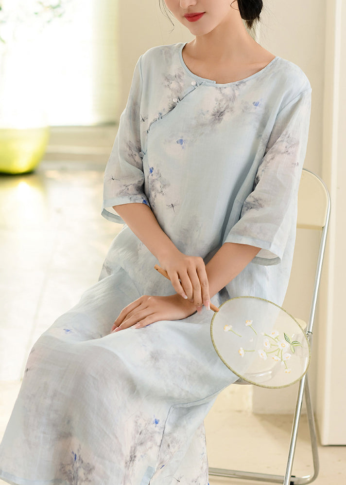 New Apricot O Neck Print Linen Long Dresses Summer