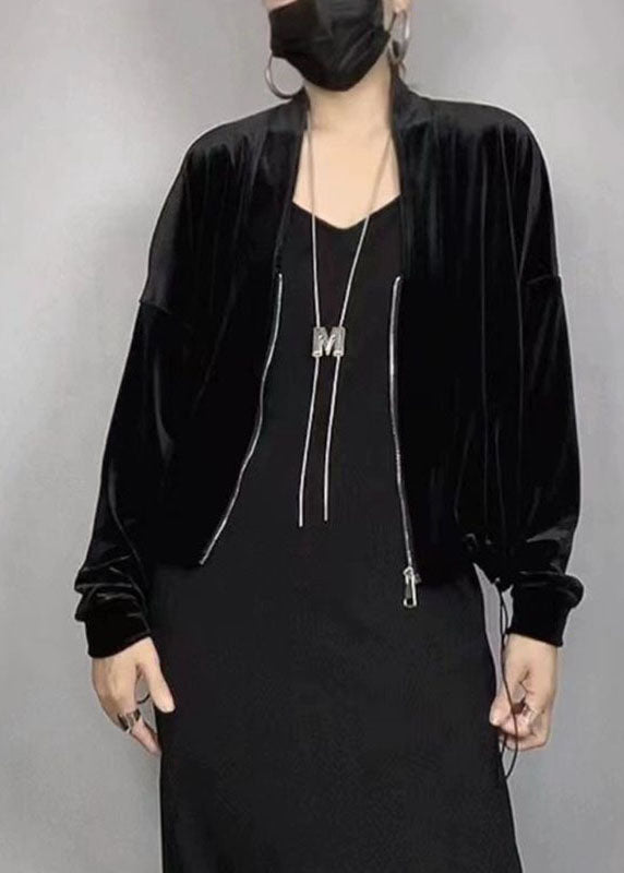 New Black V Neck Zippered Silk Velvet Coat Batwing Sleeve
