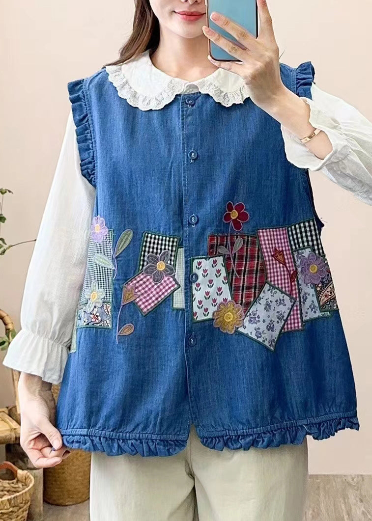 Navy Embroidered Patchwork Button Waistcoat Sleeveless