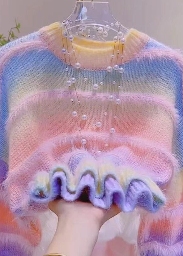 Stylish Gradient Color Green O-neck Striped Cozy Cotton Knit Sweaters Winter