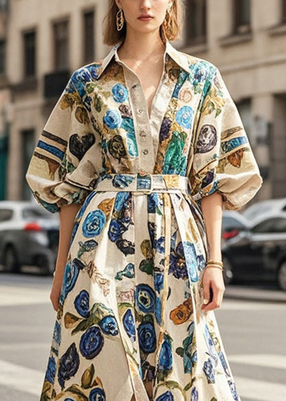 Khaki Oversized Print Cotton Long Dress Lantern Sleeve
