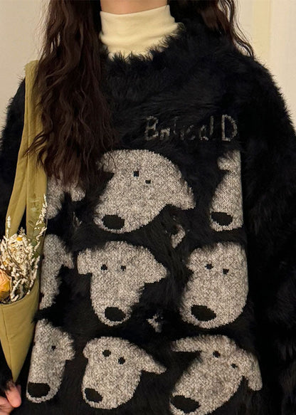 Black O Neck Dog Head Cozy Mink Velvet Sweater
