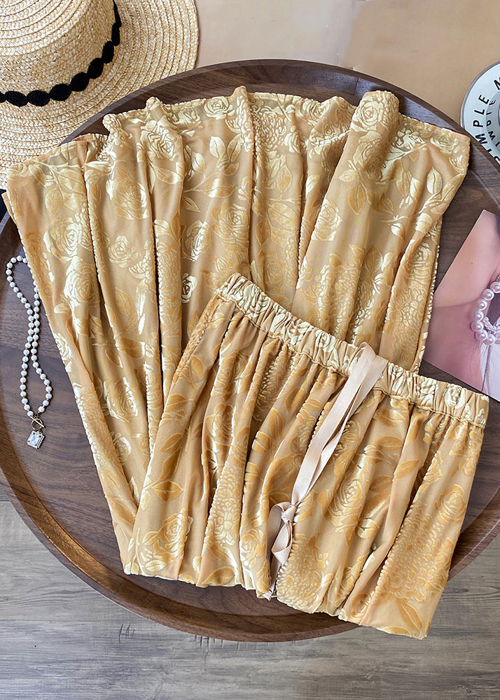 Yellow Print Drawstring Cotton Skirts Fall