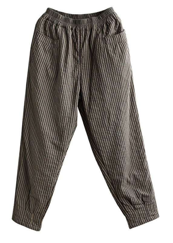 Chocolate Elastic Waist Striped Pockets Fine Cotton Filled Pants Winter