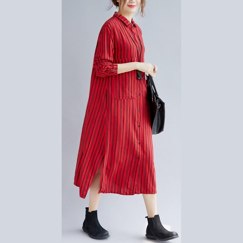 Fine Red Long Cotton Linen Shirt Dress Turn-down Collar Side Open Fine Long Sleeve Pockets Cotton Linen Shirt Caftans