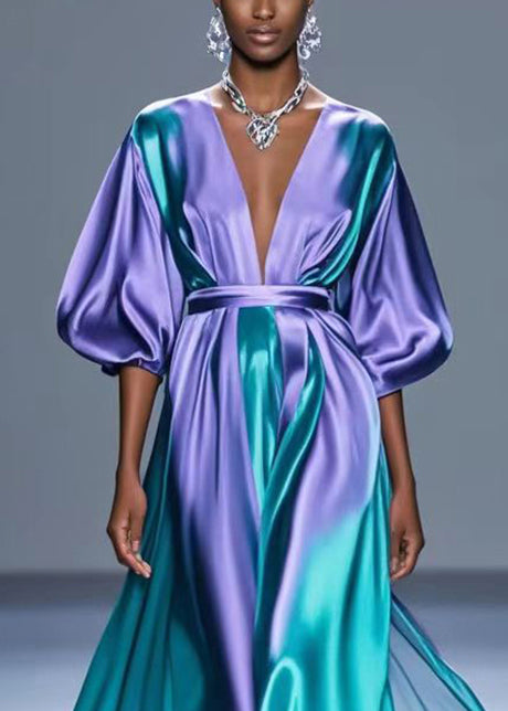 Gradient Purple V Neck Tie Dye Silk Long Dress Fall